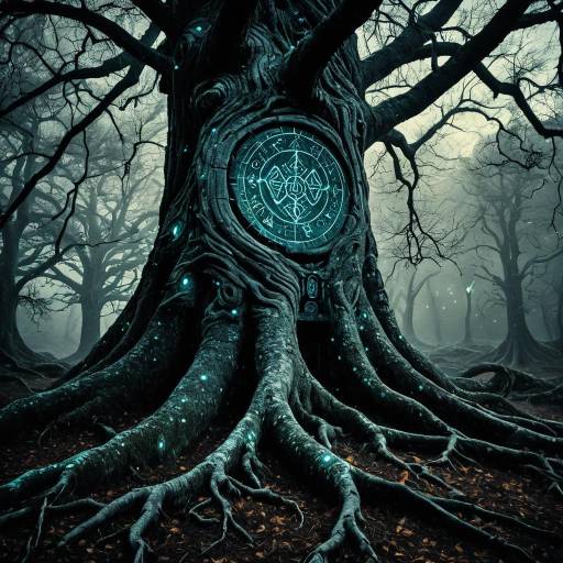Ancient Tree with Glowing Runes in Dark Forest Ancient Tree with Glowing Runes in Dark Forest