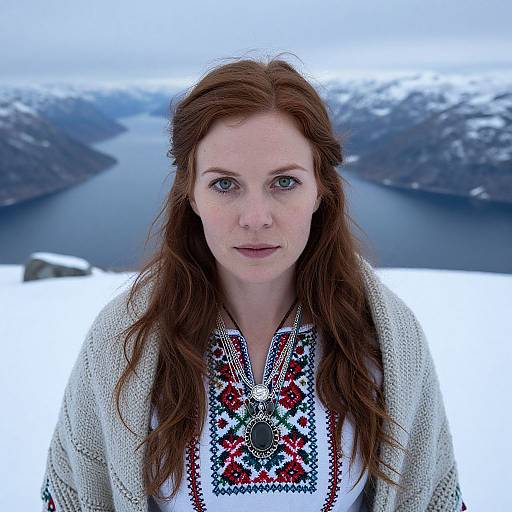 Photograph of a fair-skinned redheaded woman with blue eyes, wearing a white embroidered blouse and cream knit, standing in snowy landscape with a fj