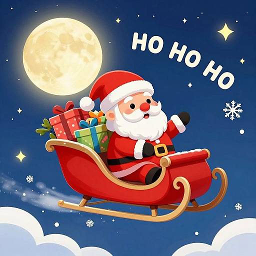 Cartoon Santa Claus in a red sleigh with gifts, flying under a full moon, 