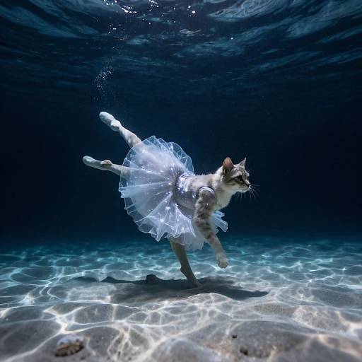 Underwater photograph of a cat wearing a translucent white tutu, gracefully leaping in clear, sunlit water, with dark blue background.