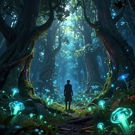 Digital fantasy artwork of a lone figure standing in a luminescent, mystical forest with glowing mushrooms, towering trees, and ethereal light filtering through dense