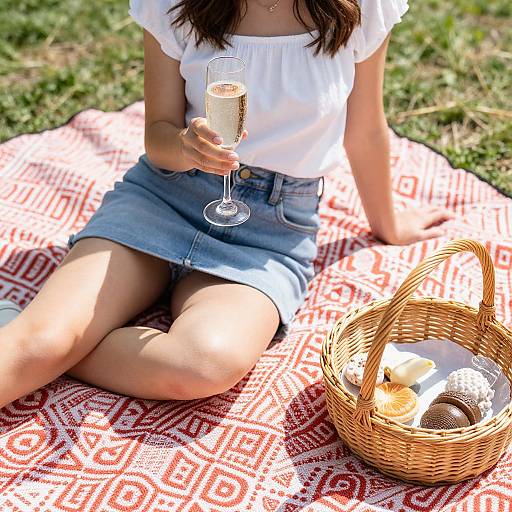 Photograph of a woman in white blouse and denim skirt, sitting on red-patterned blanket, holding a champagne flute, with wicker basket of bread