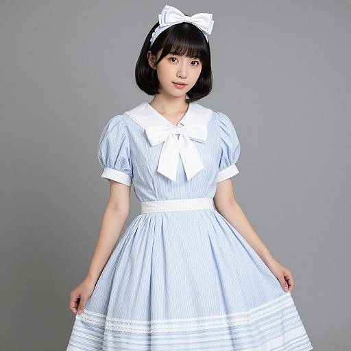 Vintage Doll-Like Woman in Striped Dress