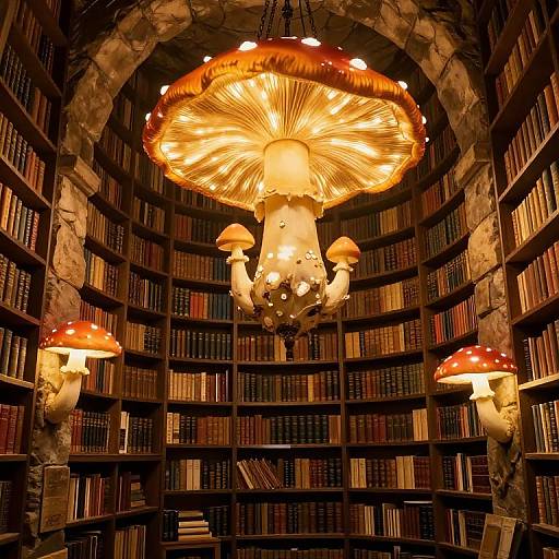Whimsical Library with Glowing Toadstool Chandelier