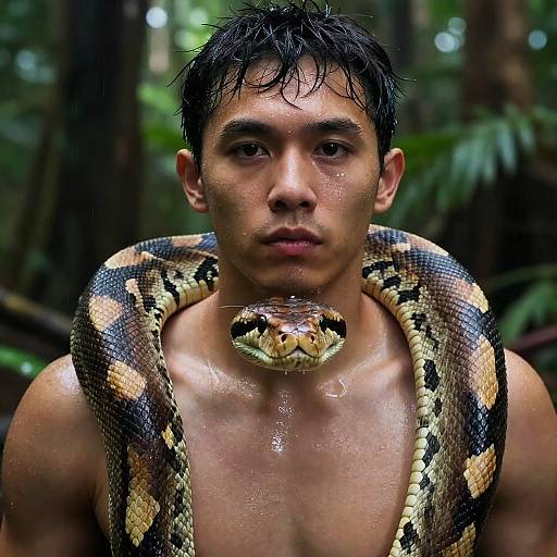 Man with Boa Constrictor in Rainy Jungle