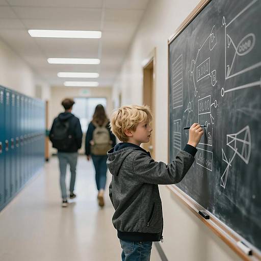 Young Boy Writing in School Hallway