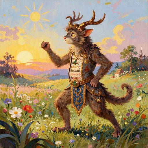 Digital fantasy artwork of a furry anthropomorphic deer with antlers, wearing a gold and blue sash, running in a vibrant, colorful meadow at