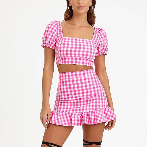 Photograph of a woman in a pink and white checkered crop top and skirt, with puffed sleeves, ruffled hem, black thigh-high stockings