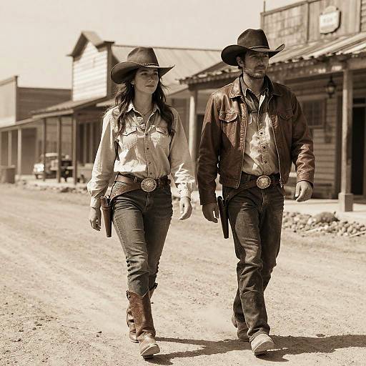 Sepia-toned photograph of a man and woman in cowboy attire, walking down a dusty Western street, both holding guns, wearing hats and leather jackets