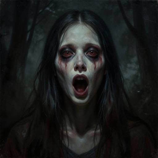 Digital horror artwork: pale, wide-eyed woman with long black hair, blood-streaked face, open mouth, dark background, eerie red eyes,