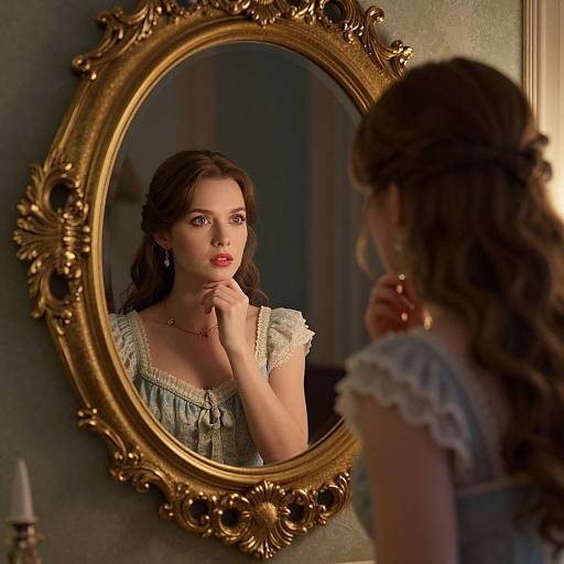 Photograph of a brunette woman with red lipstick, wearing a blue and white lace dress, gazing at herself in an ornate, gold-framed