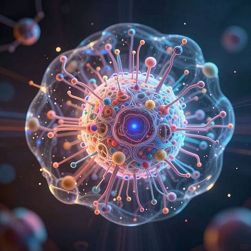 Digital CGI of a glowing, translucent, spherical virus with colorful, radiating spines against a dark, starry background. Highly detailed, neon blue