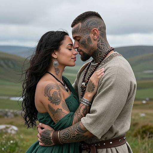 Photograph of a tattooed, dark-haired couple in medieval-inspired attire, standing close in a green, hilly landscape, eyes closed, touching fore