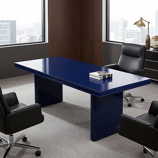 Photograph of a modern office with a large, glossy blue conference table, four black leather chairs, stacked books, and a gold desk lamp, viewed