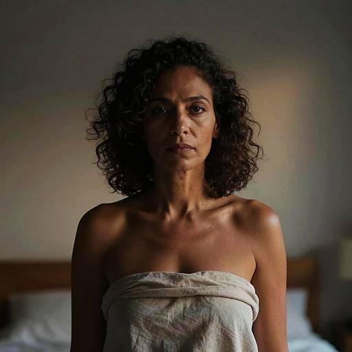Photograph of a serious, curly-haired, dark-skinned woman with a white towel wrapped around her chest, standing in a dimly lit bedroom.
