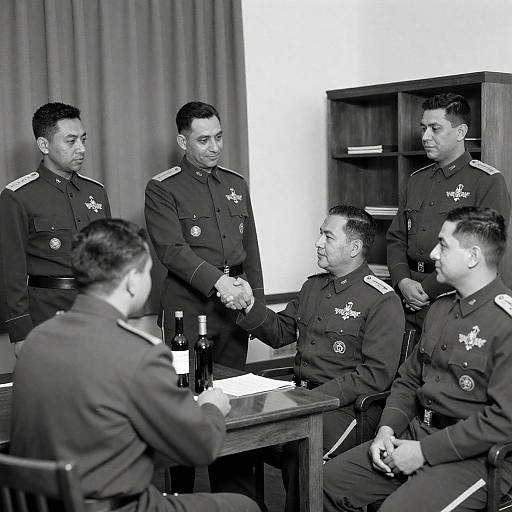 Black-and-White Photo: Officers' Handshake and Observers