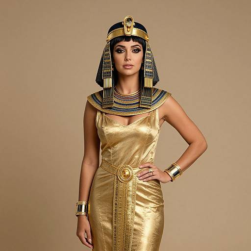 Photograph of a woman in an Egyptian-inspired gold dress, blue and gold headdress, and jewelry, standing against a beige background.