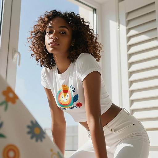 Young Black Woman in White Crop Top by Window