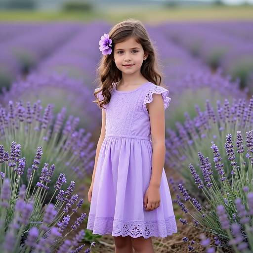Photograph of a young girl with long brown hair, wearing a white lace dress and purple flower, standing in a vibrant lavender field.