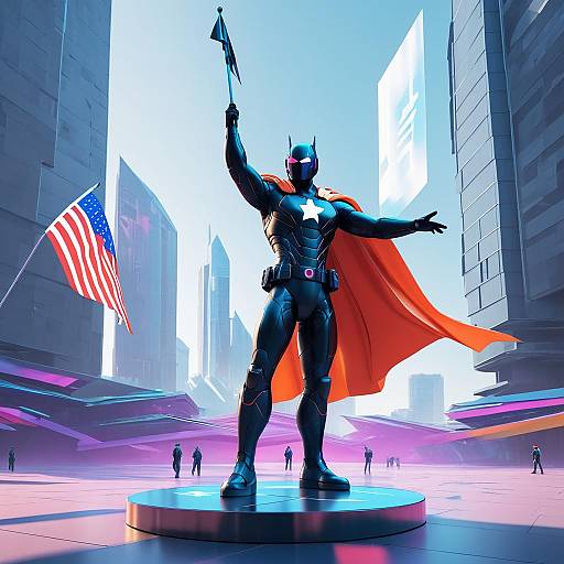 Futuristic Superhero Waving Flag in Urban Plaza
