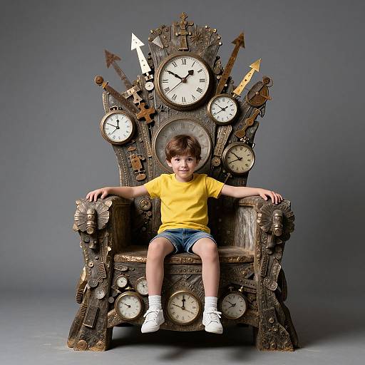 Photograph of a young boy in a yellow shirt and blue shorts sitting on a clock-themed, steampunk-style throne with multiple clocks. Grey background