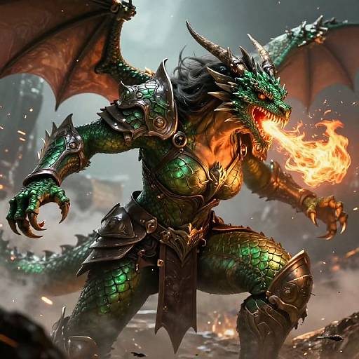 Digital artwork of a fierce, green-scaled, armored dragon warrior with fiery breath, large wings, and sharp claws, standing in a smoky,