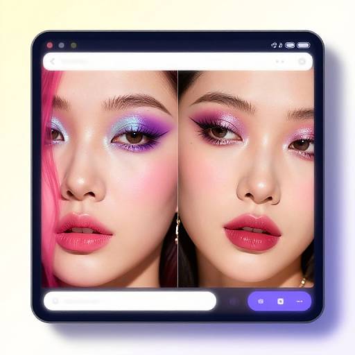 Photograph of a smartphone screen displaying a split-face close-up of an Asian woman with vibrant pink and purple eyeshadow, bold red lipstick, and