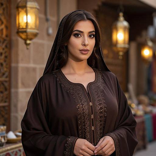 Photograph of a beautiful Middle Eastern woman with long black hair, dark eyes, and full lips, wearing a black embroidered traditional dress, standing in a