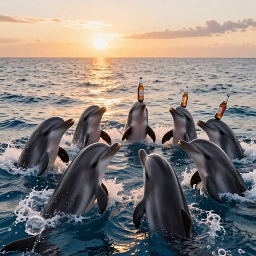 Photograph of seven dolphins in the ocean at sunset, each holding a beer bottle in their mouths, with waves splashing around them.