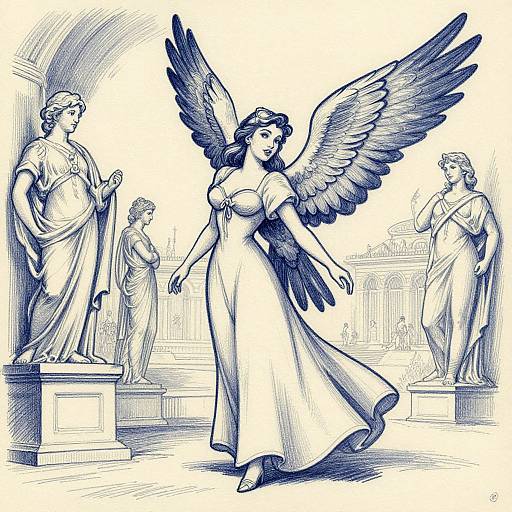 Blue monochromatic illustration of a winged woman in a flowing dress, standing between two classical statues in a grand architectural setting.