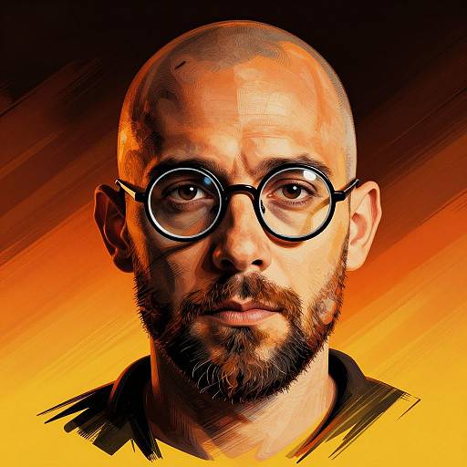 Digital portrait of bald, bearded man with dark-rimmed glasses, intense expression, yellow-orange gradient background, and dark collar. Bold, dramatic