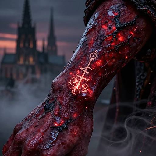 Digital artwork of a glowing red rune tattoo on a dark, twisted, blood-streaked arm against a misty, gothic cathedral backdrop at twilight