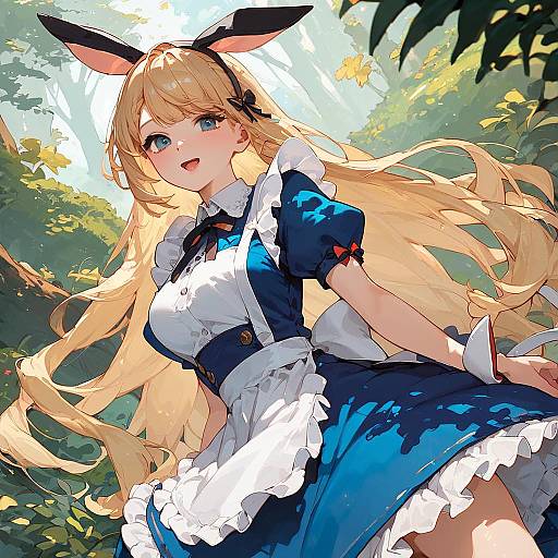 Digital anime-style drawing of a blonde girl with blue eyes, wearing a blue and white bunny maid outfit, standing in a sunlit forest.