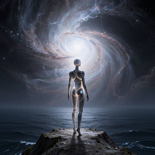 Digital art: Silhouetted humanoid figure with glowing blue eyes, standing on rocky ocean shore, facing swirling cosmic vortex in dark, starry sky