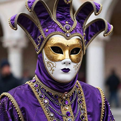 Photograph of a Venetian masked figure in a regal purple and gold jester costume with intricate details, black eyes, and ornate head