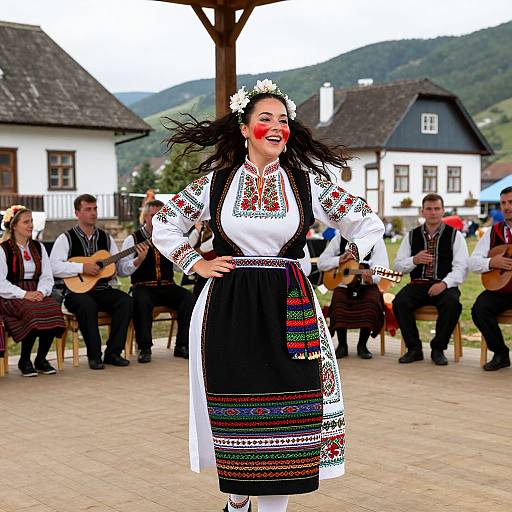 Photograph of a smiling woman in traditional Bavarian dress, with floral crown, colorful embroidery, dancing in front of village houses and musicians.