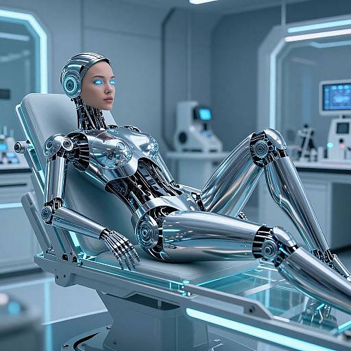CGI image of a sleek, silver humanoid robot with glowing blue eyes, reclining on a futuristic medical table in a high-tech lab.