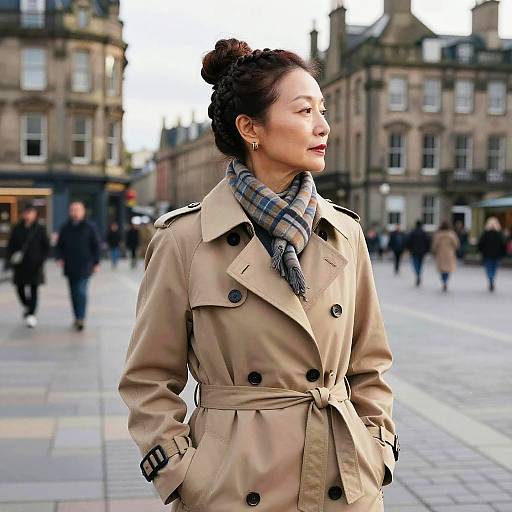 Photograph of an Asian woman with dark hair in a bun, wearing a beige trench coat and plaid scarf, standing in a busy, historic European