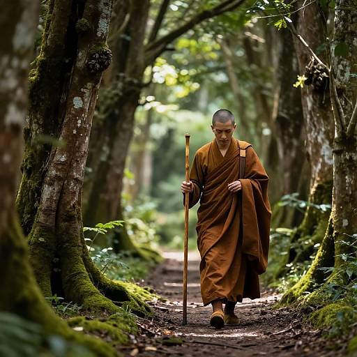 Buddhist Monk Walking Forest Path