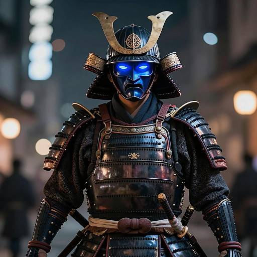 Modern Samurai in Dark Armor with Glowing Blue Visor