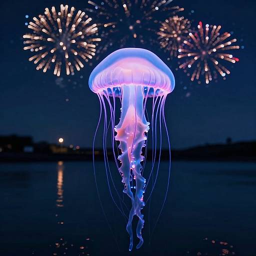 Photograph of a glowing blue jellyfish with translucent tentacles floating in dark water, with colorful fireworks exploding in the night sky above.