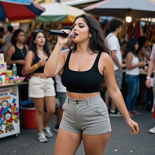 Photograph of a Latina woman with long dark hair, black tank top, and gray shorts, singing into a microphone at a bustling outdoor market. Background