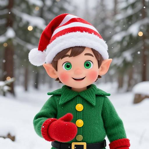 Digital illustration of a cute elf boy with green eyes, brown hair, wearing a red Santa hat, green knitted coat, red gloves, and black