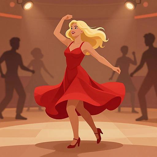 Digital illustration of a blonde woman in a flowing red dress and heels dancing on a stage, surrounded by silhouetted dancers.
