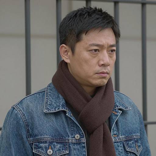 Serious Man in Denim Jacket and Scarf