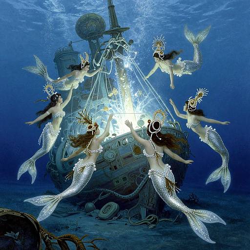 Digital artwork: Six ethereal mermaids with shimmering scales and golden crowns surround a sunken, glowing ship in a deep blue ocean.