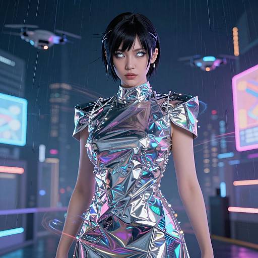 Digital artwork of a futuristic, rain-soaked woman with short black hair, wearing a shiny, metallic silver dress in a neon-lit cityscape.