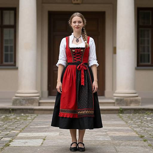Photograph of a young woman with fair skin, brown hair in a braid, wearing a traditional German dirndl dress with red, white, and