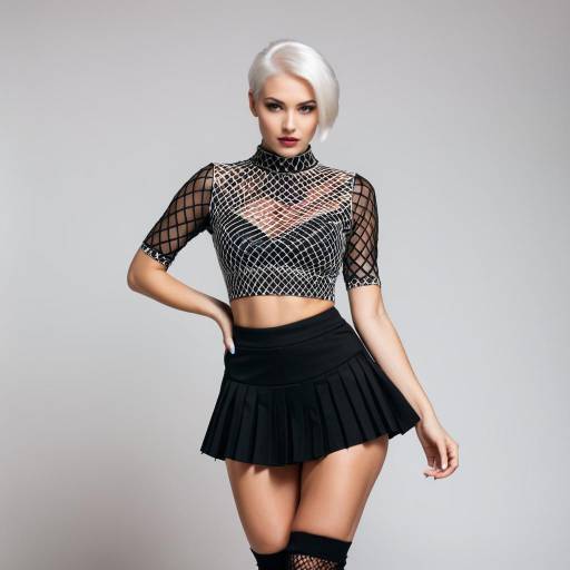 Fashionable woman in black sheer top and pleated skirt