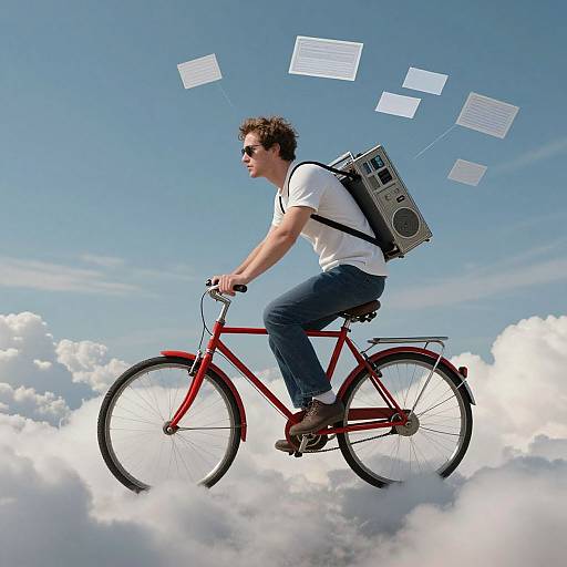 Photograph of a man in sunglasses, white shirt, blue jeans, and backpack with a radio, riding a red bicycle above clouds, with floating music